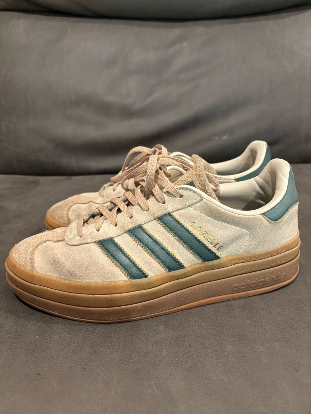 adidas Gazelle Bold tan & green sneakers